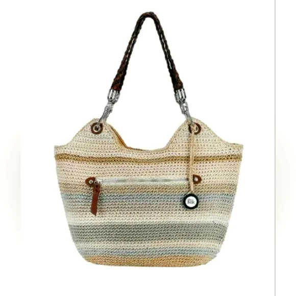 The SAK Leather & Crochet Braided Handle Hand Bag Cream Tan - Picture 2 of 16